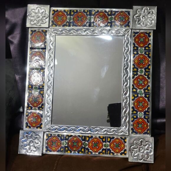 Vintage Punched Tin Mexican Talavera Tile Mirror - Picture 1 of 9